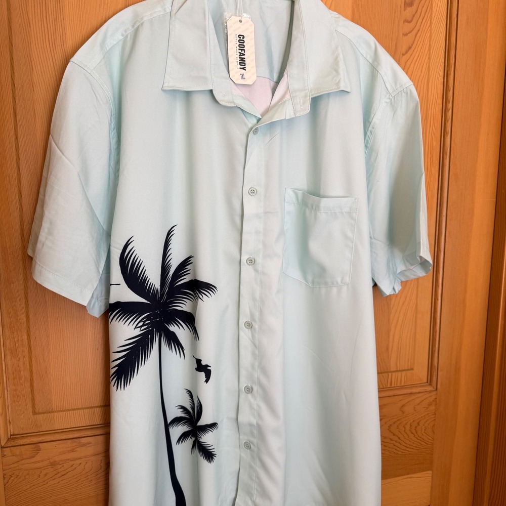 COOFANDY‎ Button Down Shirt 3XL Mint Green Tropical Palm Tree Short Sleeve Camp